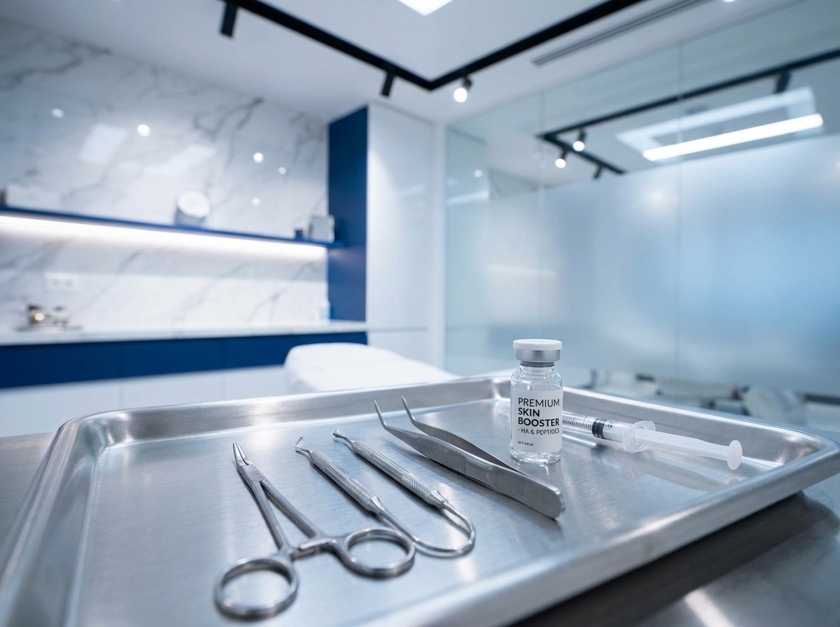 High-end aesthetic clinic setup. Close-up of clean medical tools and a glass vial of premium skin booster. Modern, sterile environment with soft blue and white tones. Professional lighting. 4:3