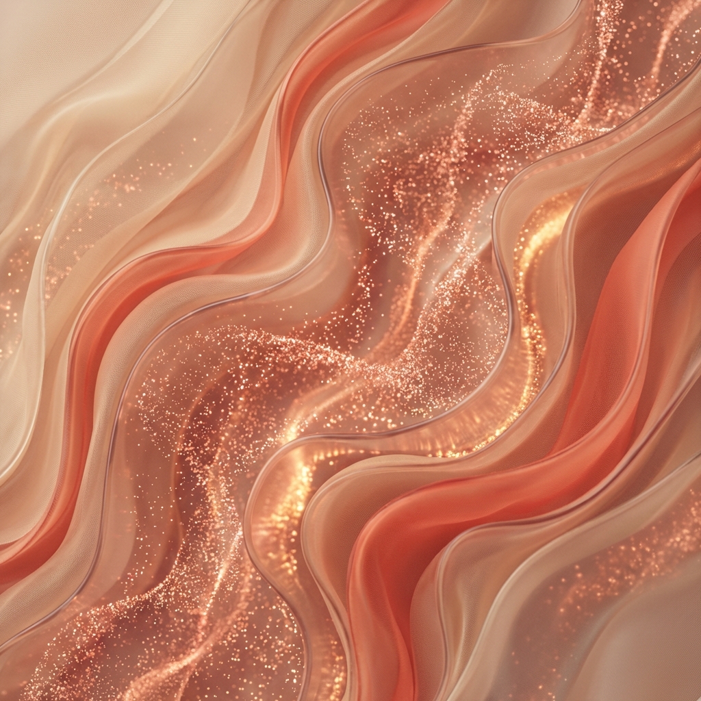 Abstract representation of skin layers becoming dense and firm. Soft pink and golden micro-particles glowing and filling spaces between layers. Artistic rendering of skin regeneration and volume. 1:1