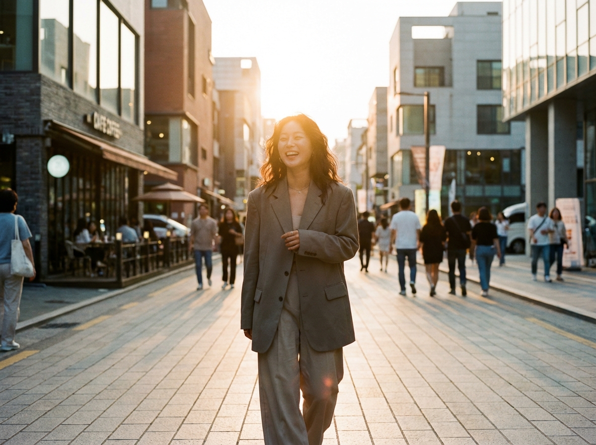 A confident Korean woman walking down a stylish urban street during sunset. She has beautiful, natural-looking skin and a vibrant expression. Professional lifestyle photography. 4:3