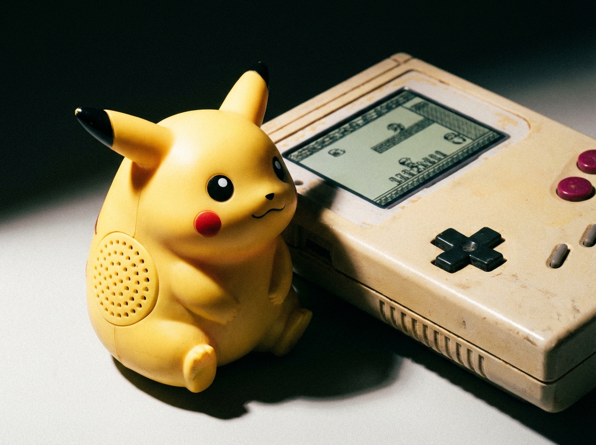 A small plastic figurine of a chubby Pikachu with a speaker hole on its back placed next to a retro handheld game console. High contrast studio lighting. No text. 4:3