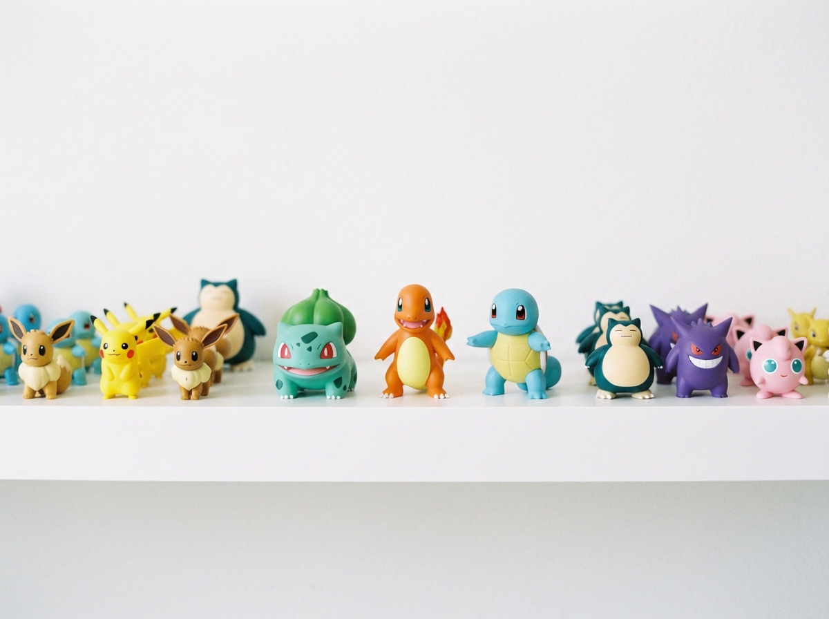 A collection of small Pokemon figurines including Bulbasaur, Charmander, and Squirtle arranged neatly on a white shelf. Clean infographic layout. No text. 4:3