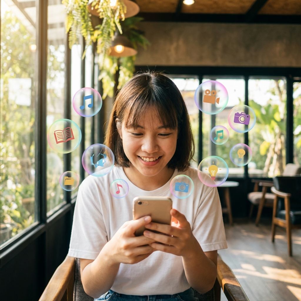 A young person using a smartphone with interest, colorful bubbles representing personality icons floating around them, natural and bright indoor lighting, 1:1