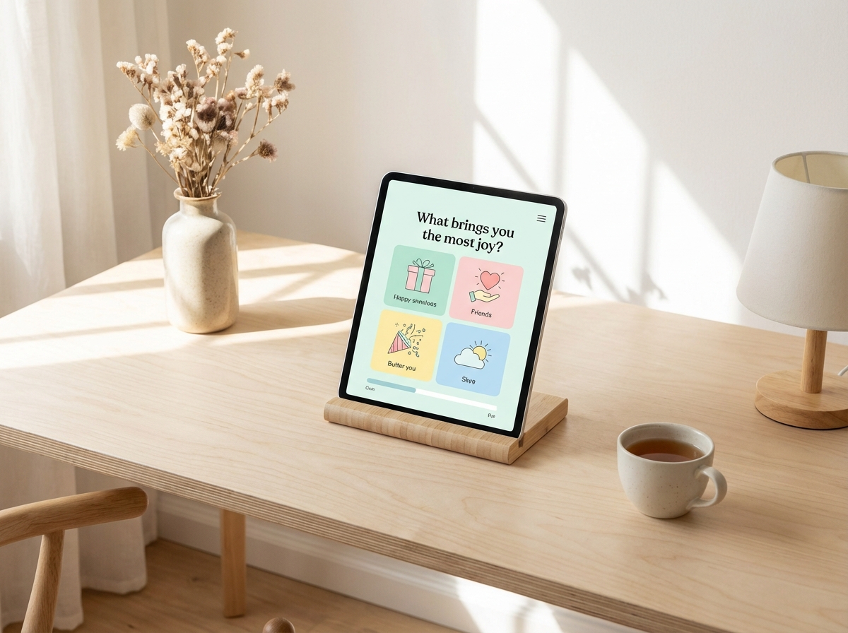 Clean minimalist wooden desk with a digital tablet displaying a personality quiz interface with pastel colors, aesthetic setup, 4:3