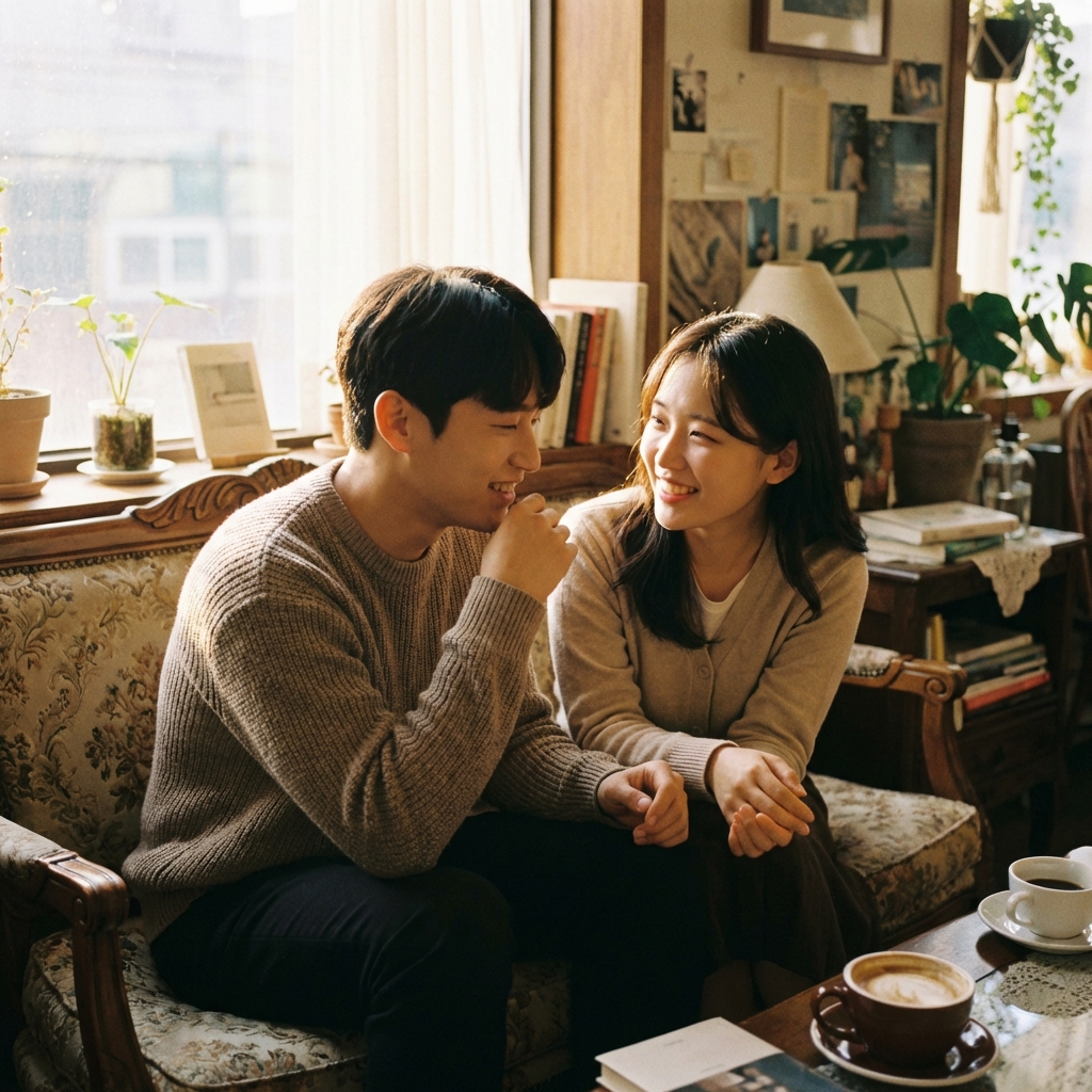 Two young people, a man and a woman, sitting on a cafe sofa having a deep and warm conversation, Korean appearance, soft lighting, 1:1