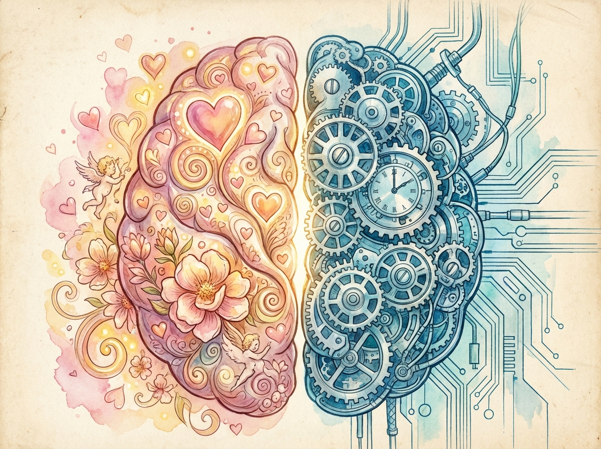 A creative illustration showing two halves of a human brain, one side with soft warm colors and hearts, the other side with cool blue colors and mechanical gears, 4:3