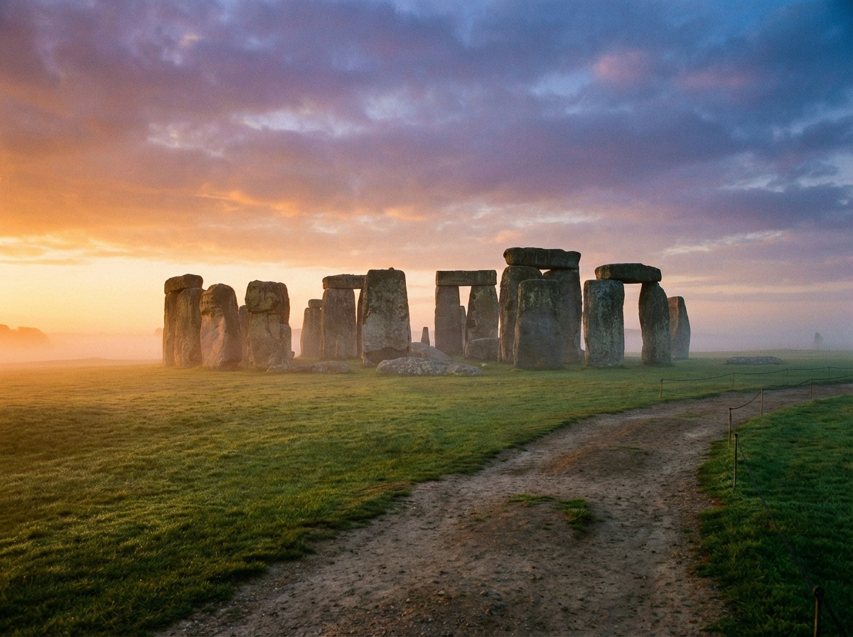 A majestic view of Stonehenge at sunrise with soft morning mist, prehistoric stone circle on a green field, cinematic lighting, realistic style, 4:3