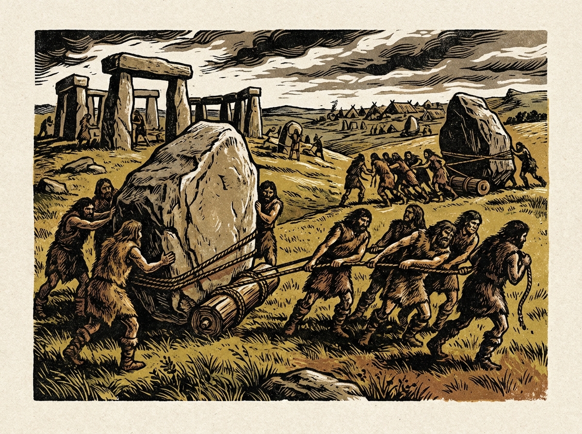 Illustration of prehistoric people transporting massive stones using wooden rollers and ropes on a grassy landscape, ancient construction scene, high contrast, 4:3