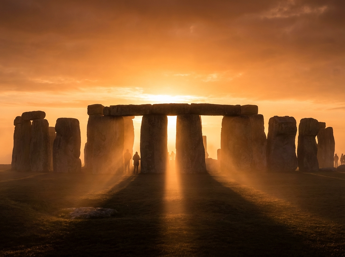 Golden sunlight of summer solstice rising through the gaps of Stonehenge, mystical atmosphere, ancient observatory, cinematic lighting, 4:3