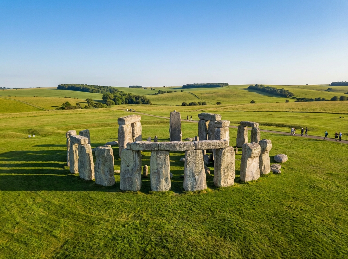 Wide angle shot of the Stonehenge archaeological site in the English countryside, green grass, clear sky, realistic photography, 4:3