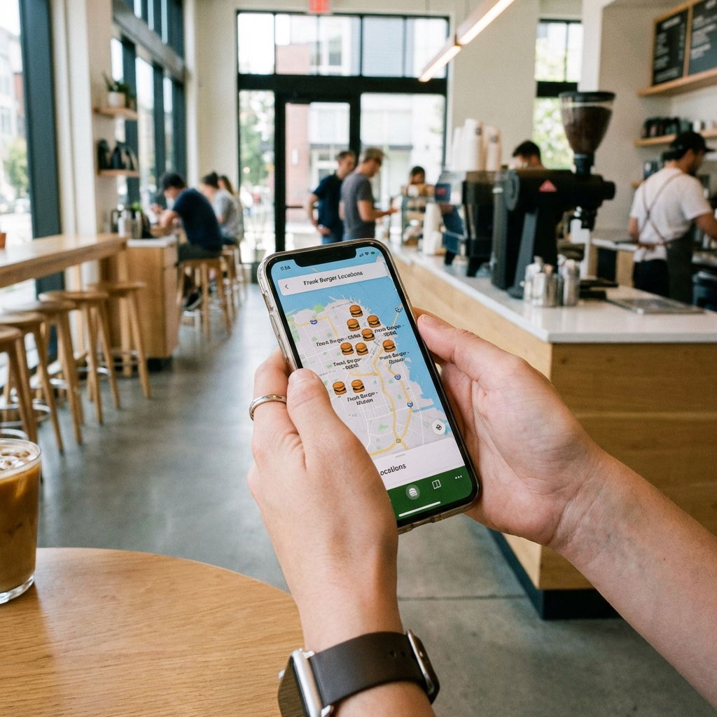 A person holding a smartphone showing a map with Frank Burger locations marked. Close up on hands and screen. Modern cafe background. 1:1