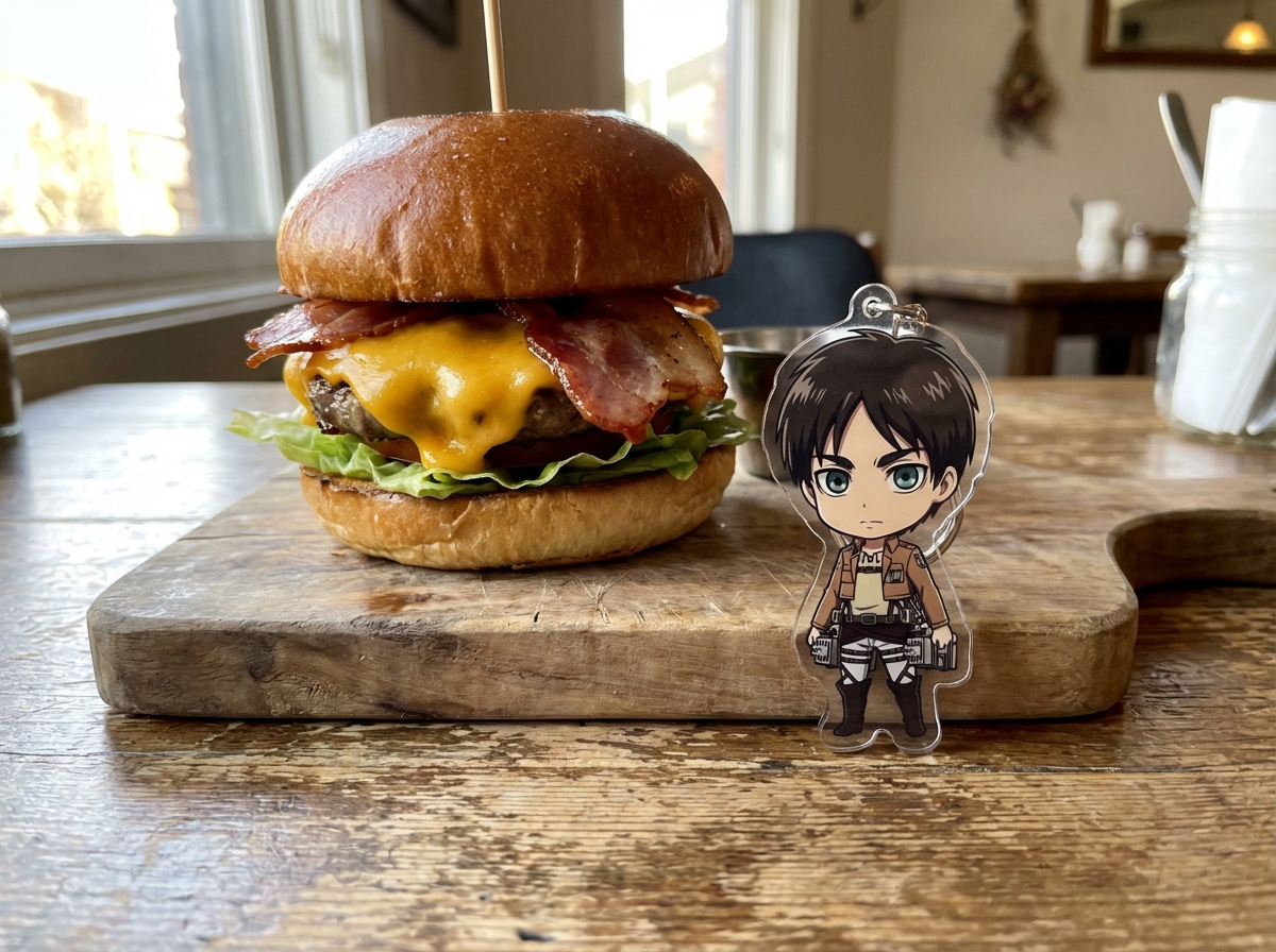 A delicious cheese burger set on a table next to a small Attack on Titan acrylic keyring. Realistic food photography style. 4:3