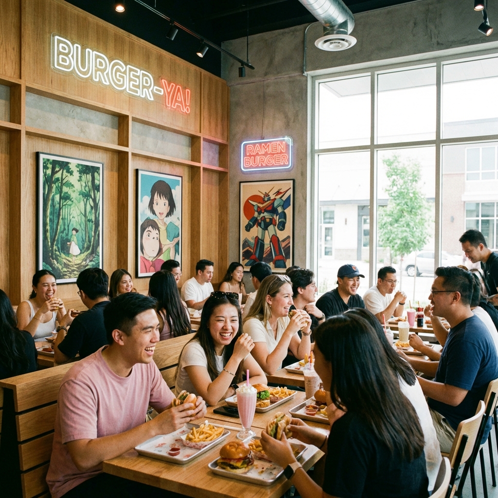 프랭크버거 매장 내부에서 즐겁게 식사하는 사람들