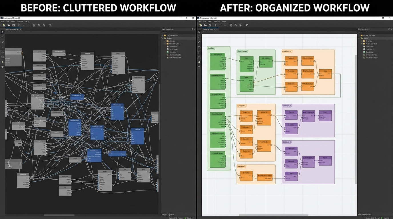 정리된 워크플로우와 복잡한 워크플로우 비교 화면