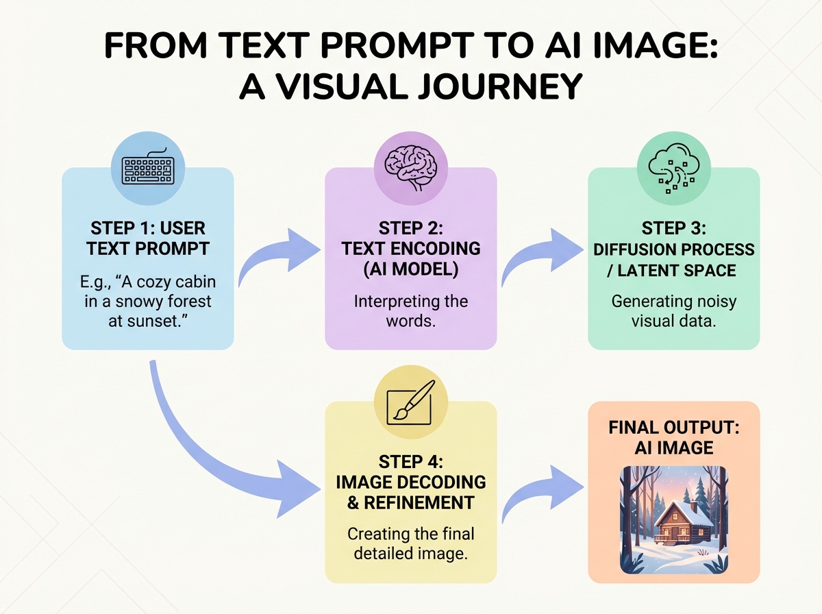 텍스트 프롬프트가 이미지로 변환되는 과정을 시각화한 다이어그램
