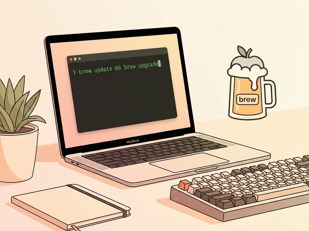 A minimal and modern illustration of a MacBook screen showing a terminal window with code, next to a stylized beer mug icon representing Homebrew. Soft lighting, tech-savvy atmosphere, 4:3