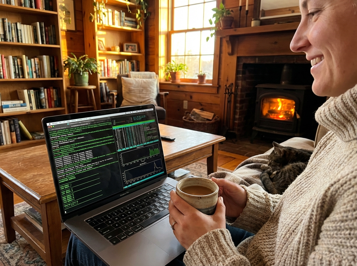 편안하게 커피를 마시는 맥북 사용자