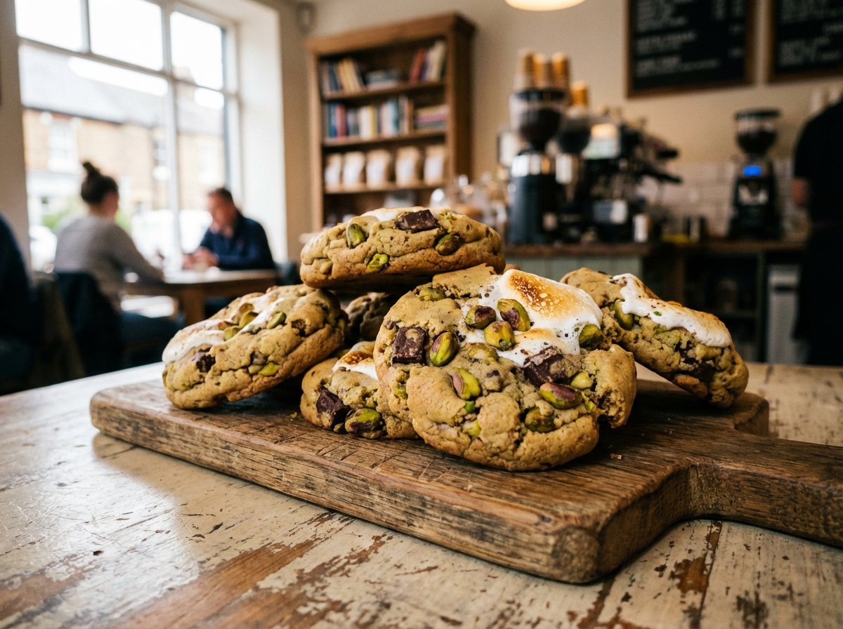 Assorted premium pistachio chocolate cookies with marshmallow coating arranged on a rustic wooden dessert board, warm cafe atmosphere, soft natural lighting, high quality lifestyle photography, 4:3
