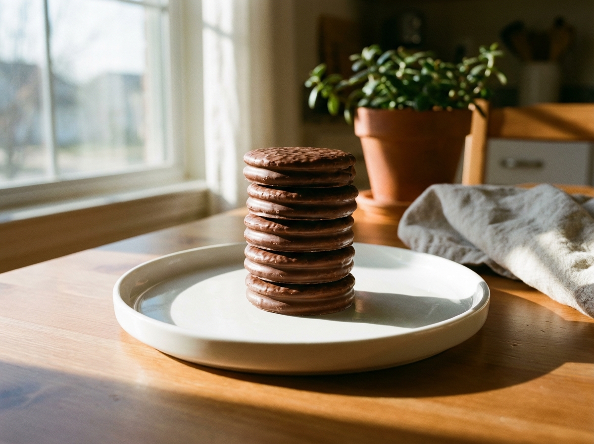 Six round chocolate covered cookies stacked neatly on a minimalist white ceramic plate, natural morning sunlight streaming through a window, cozy kitchen background, 4:3