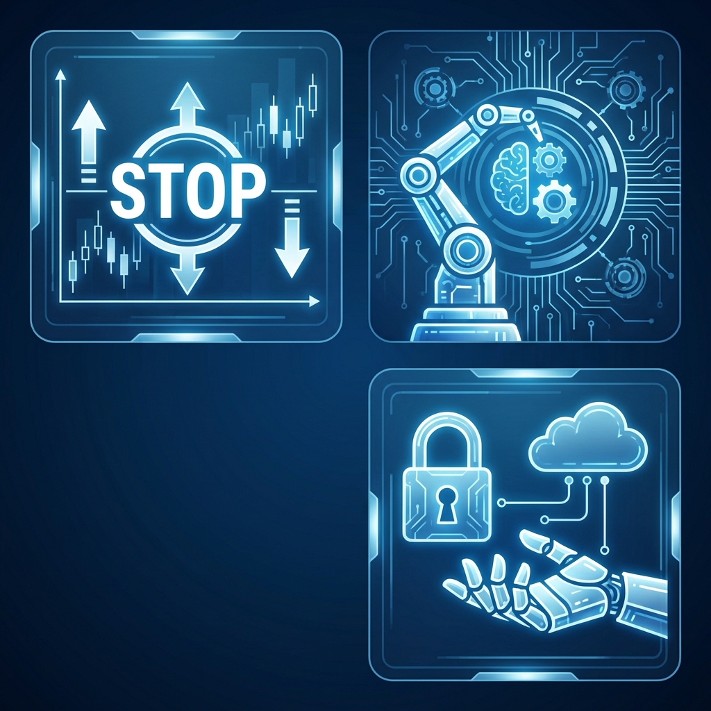 A clean and modern infographic about stock market trading suspension and robot technology concept. High contrast blue and white tones with a futuristic digital interface showing stock trends. No text included. 1:1