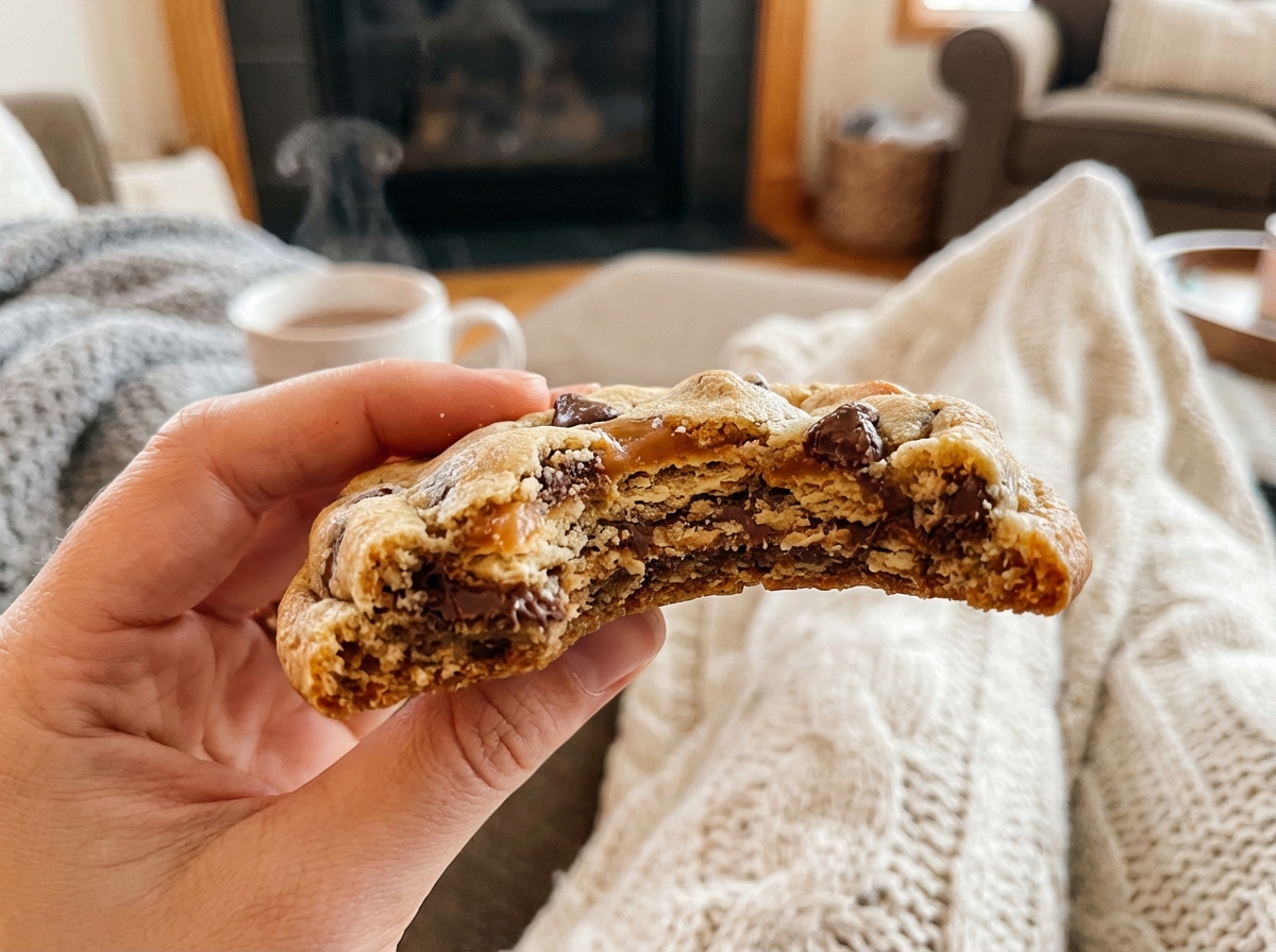 A hand holding a thick chewy cookie with a bite taken out, showing the crunchy inner layers, cozy indoor setting, soft focus background, realistic texture, 4:3