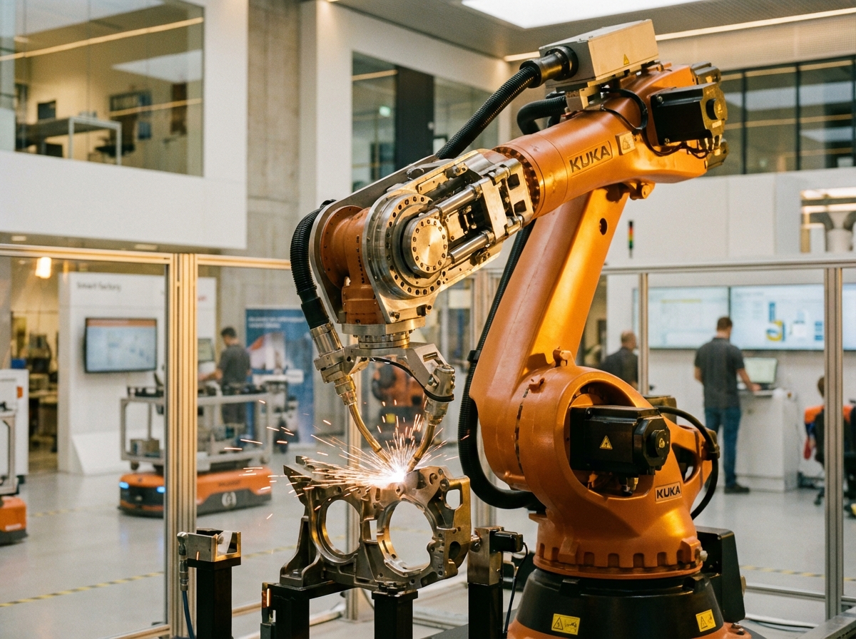 A realistic photo of an advanced industrial robot arm working in a modern smart factory. Warm lighting with focus on the mechanical joints. High quality lifestyle photography style. 4:3