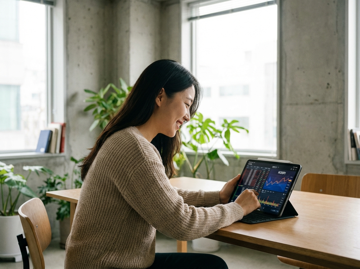 A person looking at a digital tablet with financial charts in a bright modern office. Minimalist interior with soft natural light coming through a window. Natural Korean person appearance. 4:3