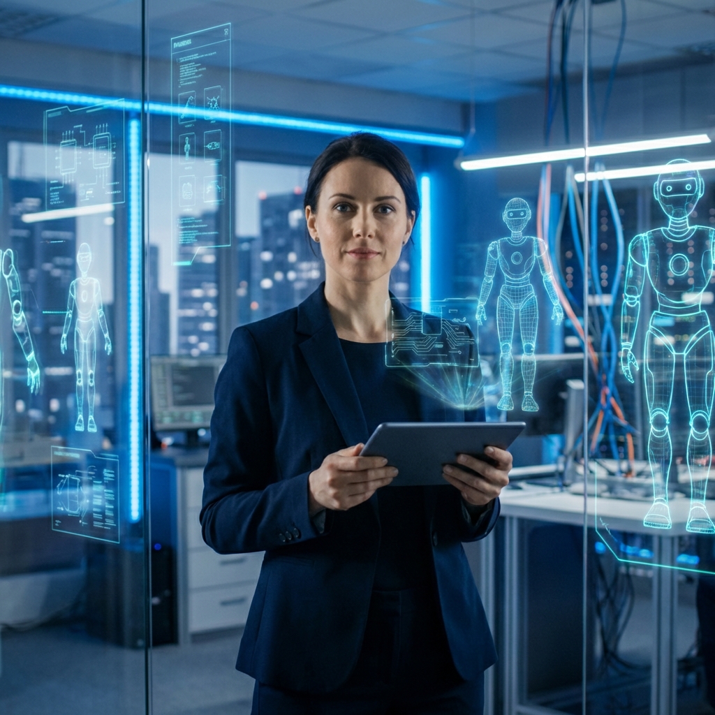 A professional person standing in front of a glass wall with digital sketches of robots and circuits. High-tech atmosphere with blue and cyan lighting accents. Realistic rendering with depth of field. 1:1