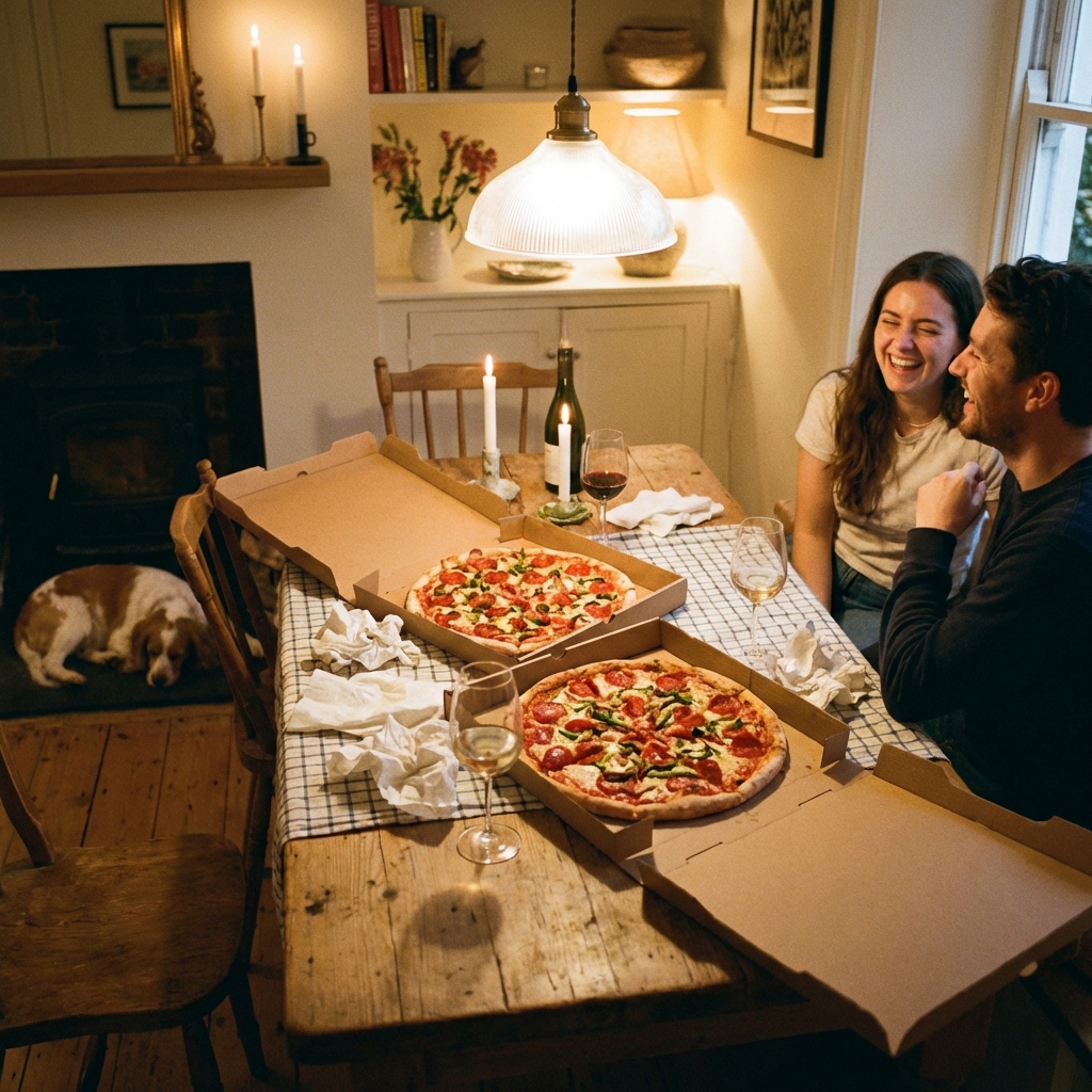 A cozy dining table with two large pepperoni and vegetable pizzas in open boxes, warm indoor lighting, lifestyle photography, 1:1