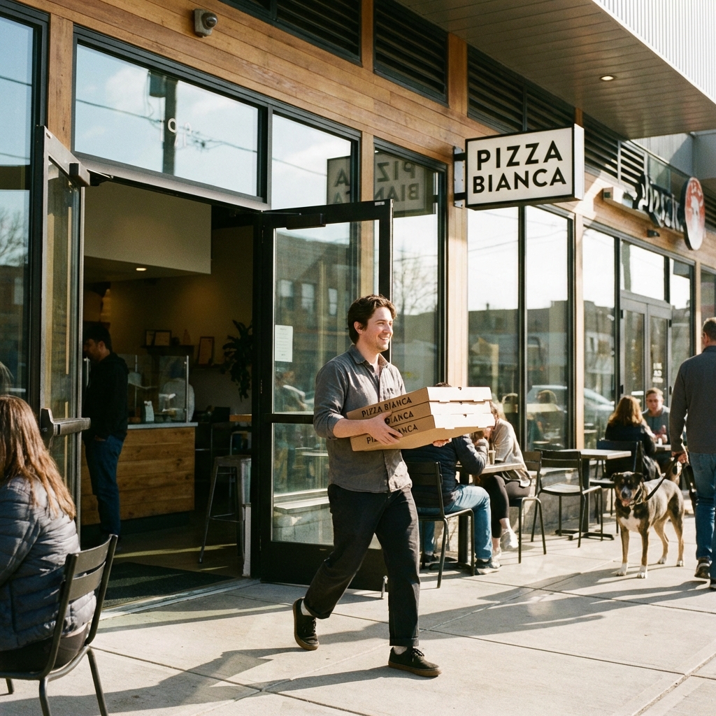 A person holding two stacked pizza boxes walking out of a modern pizza store, natural daylight, lifestyle photography, 1:1