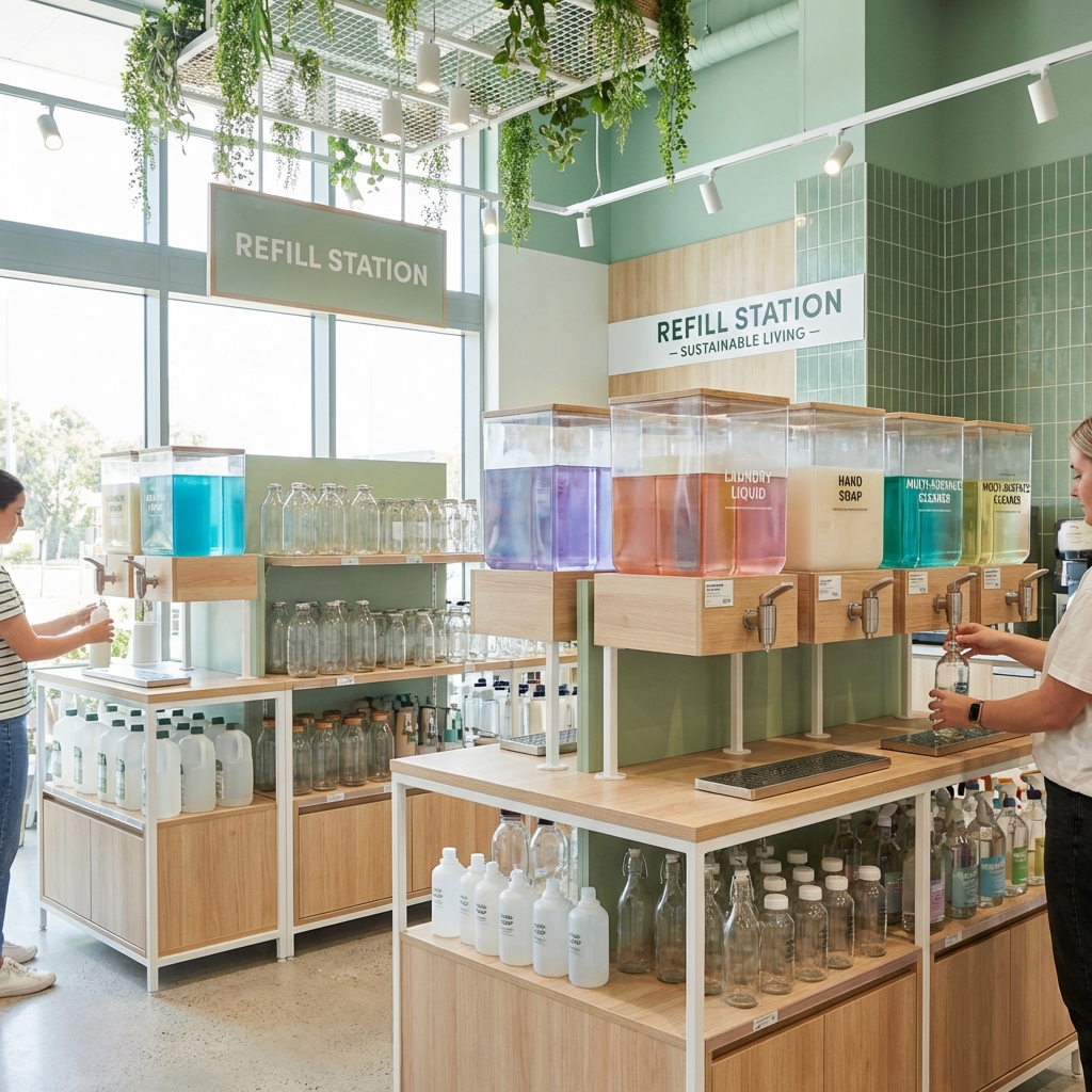 A modern refill station section inside a bright supermarket. Large containers with dispensers for laundry detergent and soap. Reusable glass and plastic bottles are lined up on shelves. Soft green and white interior design. Refill Station atmosphere. 1:1