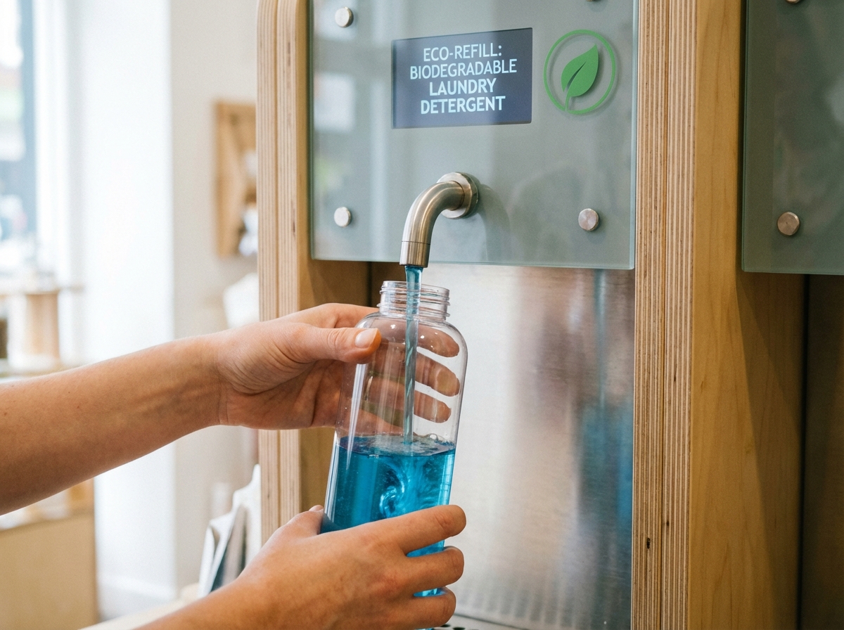 Close-up of hands holding a transparent reusable plastic bottle under a machine nozzle. Blue liquid detergent is flowing steadily into the bottle. Professional and clean eco-friendly refill machine. 4:3