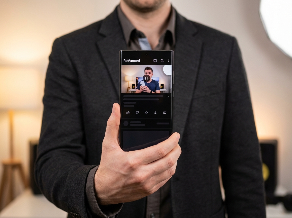 A modern person holding a high-end Android smartphone showing a video app interface without ads, clean UI, YouTube ReVanced concept, soft studio lighting, 4:3