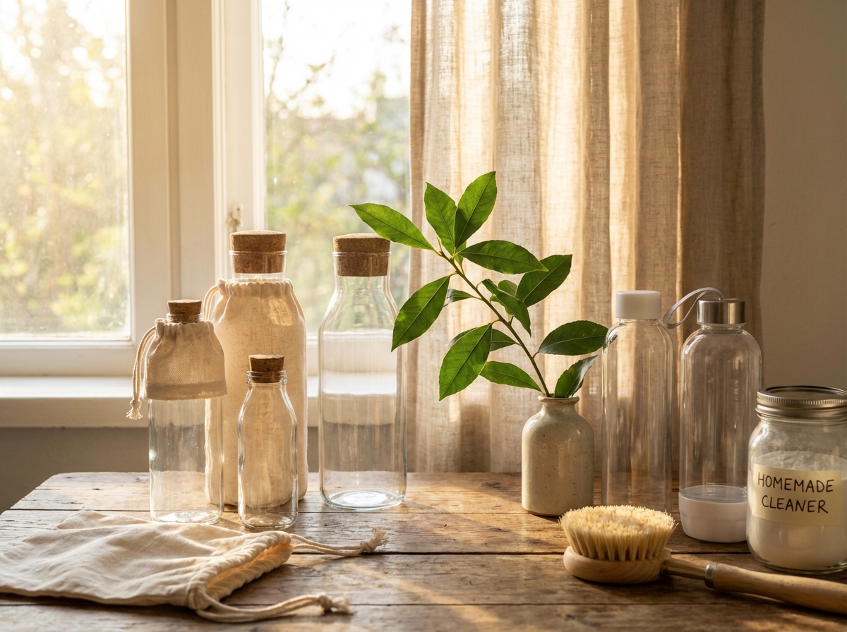 Several clean, transparent plastic and glass bottles placed on a wooden table. Soft sunlight through a window. A small green plant branch next to them. Symbolizing eco-friendly lifestyle preparation. 4:3