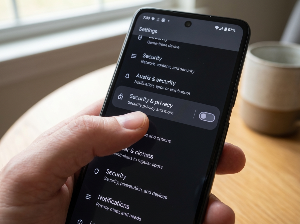Close-up of a hand navigating a smartphone settings menu, clean Android UI, focusing on security settings toggle, soft natural lighting, 4:3