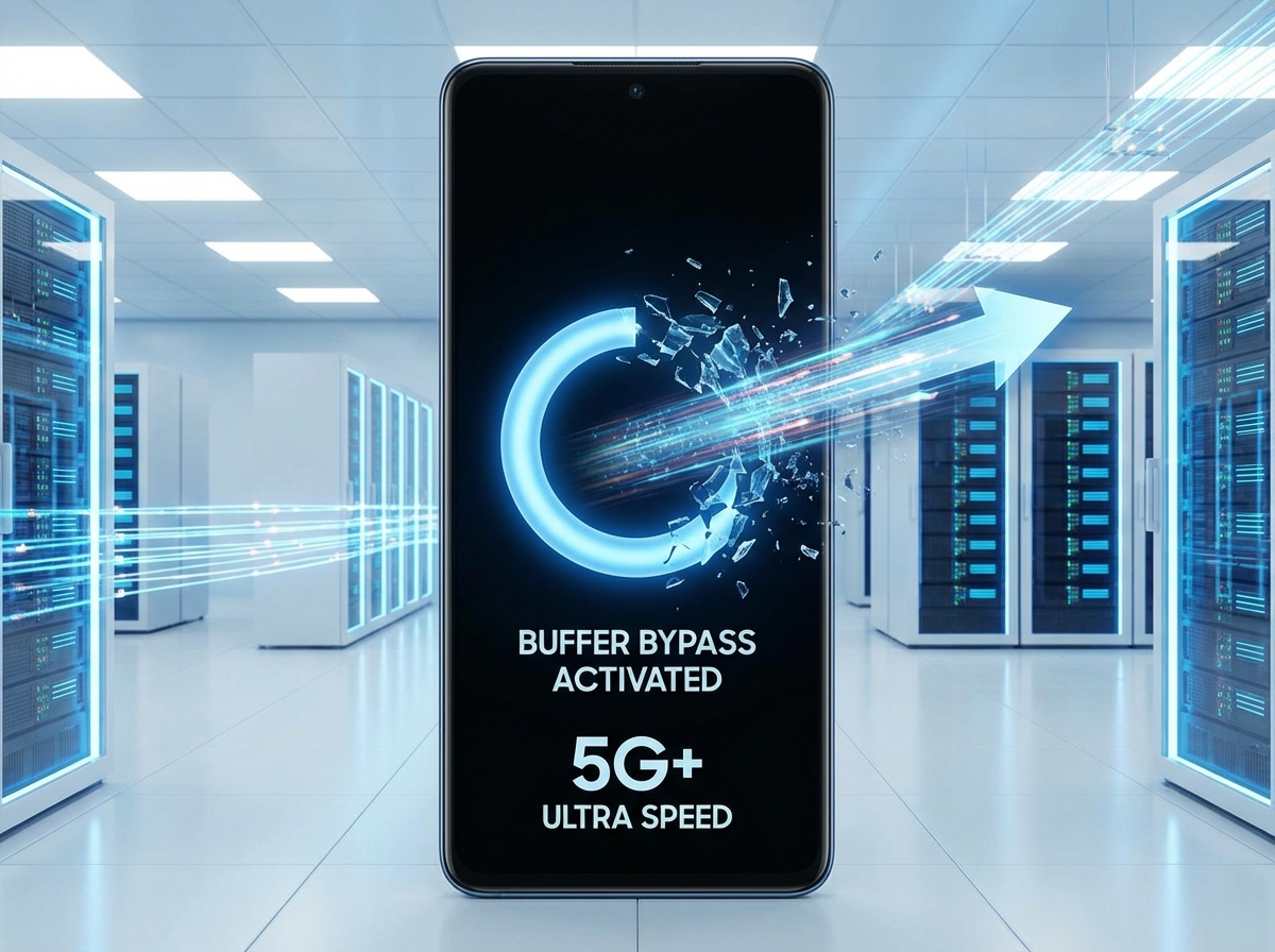 A smartphone screen showing a video loading circle being bypassed, fast internet speed concept, clean and tech-oriented background, 4:3