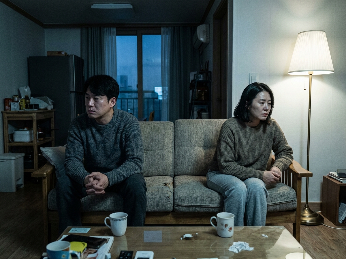A Korean couple sitting on a sofa in a dimly lit living room, looking away from each other with distressed expressions, cold atmosphere, realistic lifestyle photography, 4:3