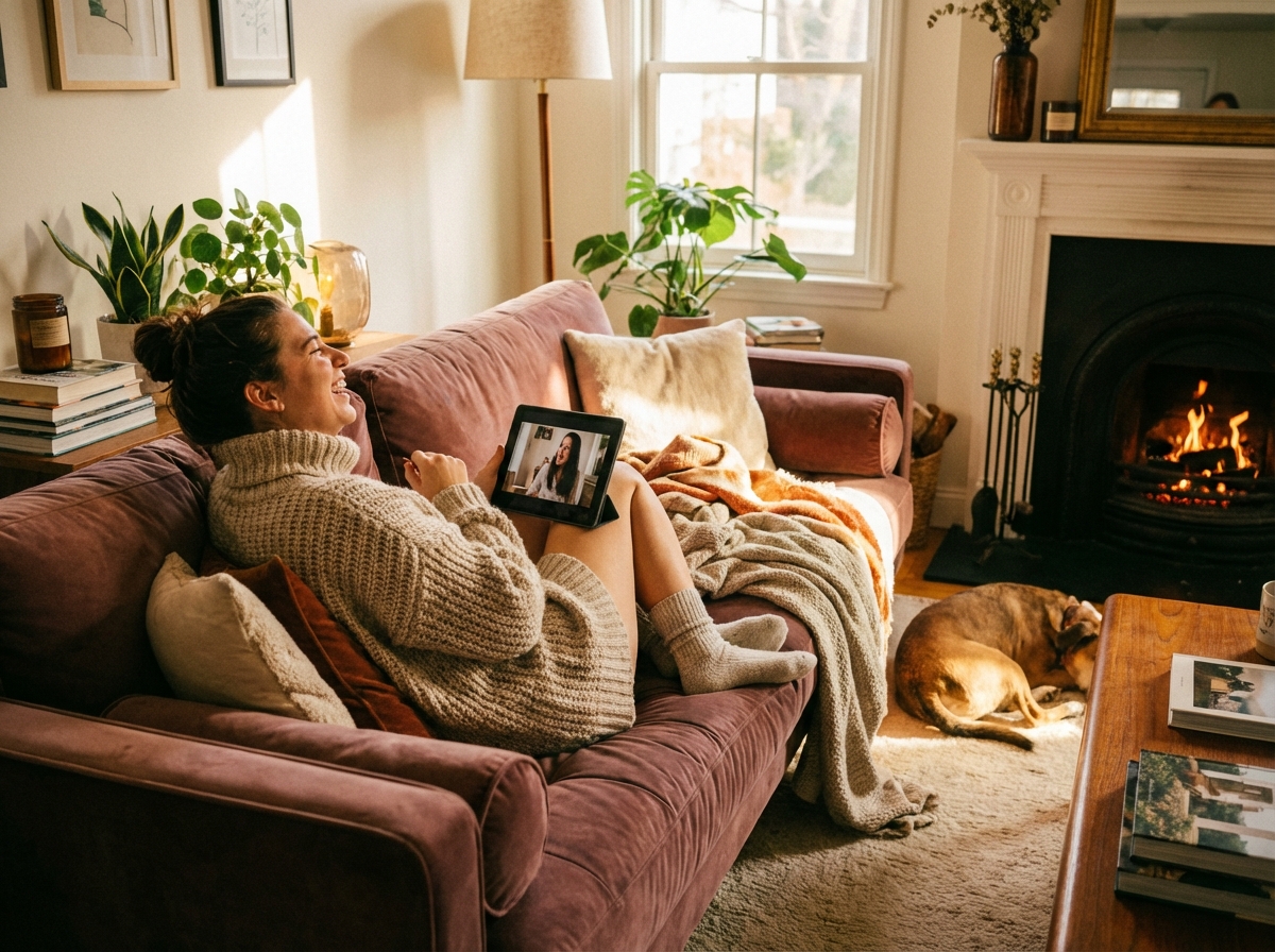 A person relaxing on a cozy sofa using a tablet to watch videos, warm living room interior, comfortable atmosphere, lifestyle photography, 4:3