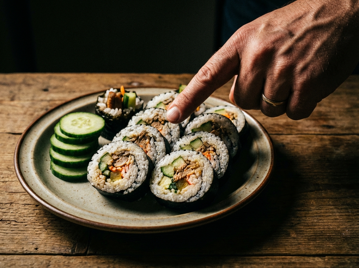 A close up shot of a plate of kimbap with sliced cucumbers next to it on a dining table, a man's hand pointing at it aggressively, dramatic lighting, realistic photography, 4:3