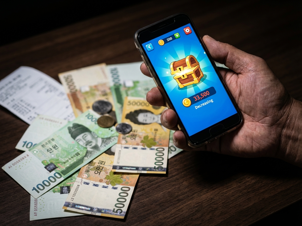 A person holding a smartphone showing a colorful mobile game, blurred background of Korean won banknotes scattered on a desk, symbolic of financial loss, high contrast, 4:3