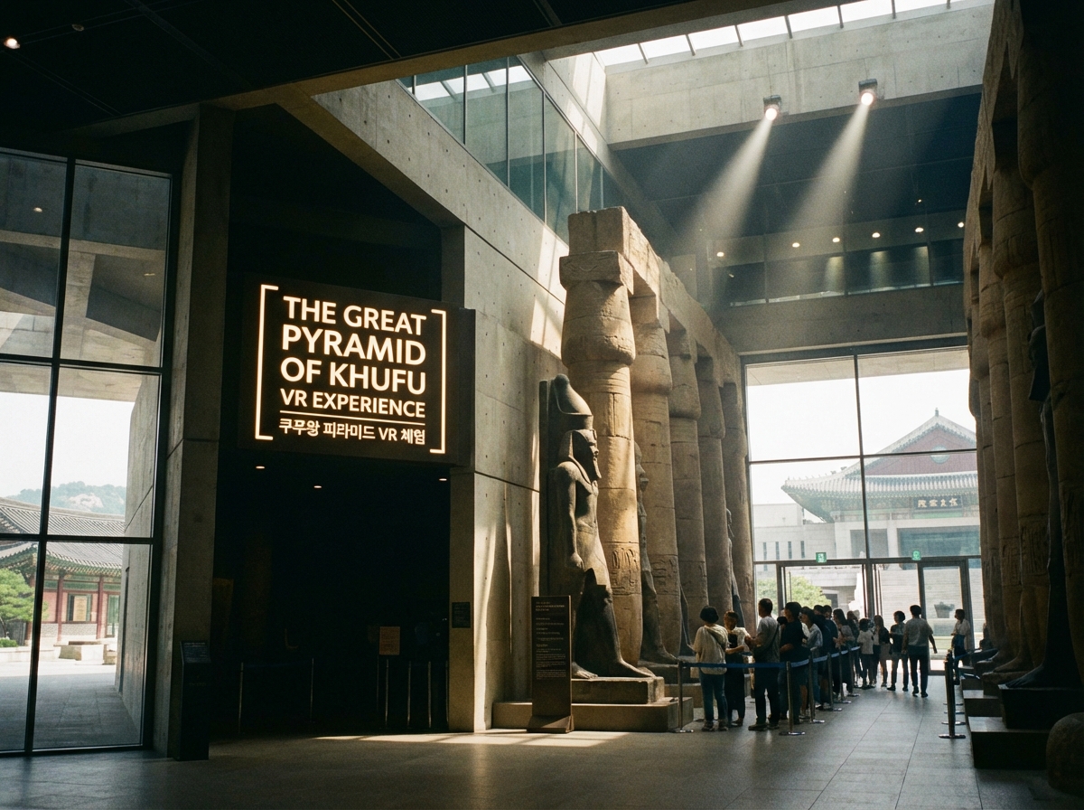The entrance of the Great Pyramid of Khufu VR exhibition at the War Memorial of Korea in Seoul, modern museum interior with ancient Egyptian motifs, high contrast lighting, 4:3