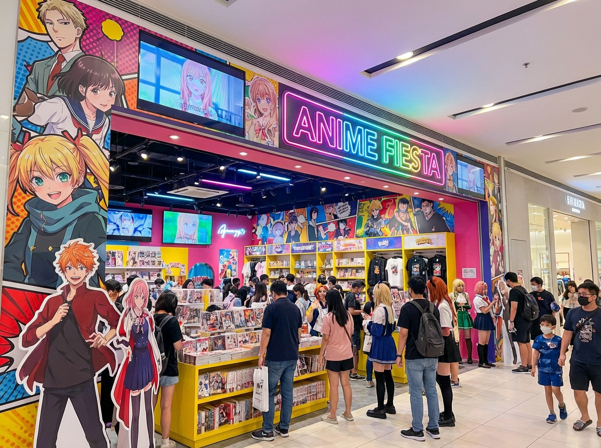 A vibrant and modern anime pop-up store entrance in a large shopping mall. The atmosphere is energetic with colorful displays featuring various manga characters. Many people are browsing through shelves filled with merchandise. The lighting is bright and inviting. 4:3