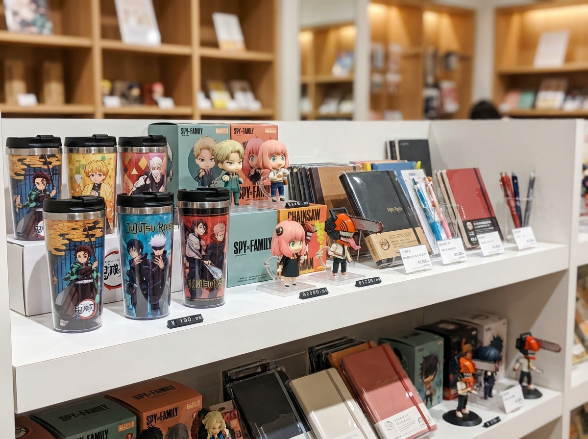 High-quality anime character merchandise displayed on clean white shelves. There are colorful tumblers, small figures, and stylish stationery items. The focus is sharp on the products with a blurred store background. 4:3