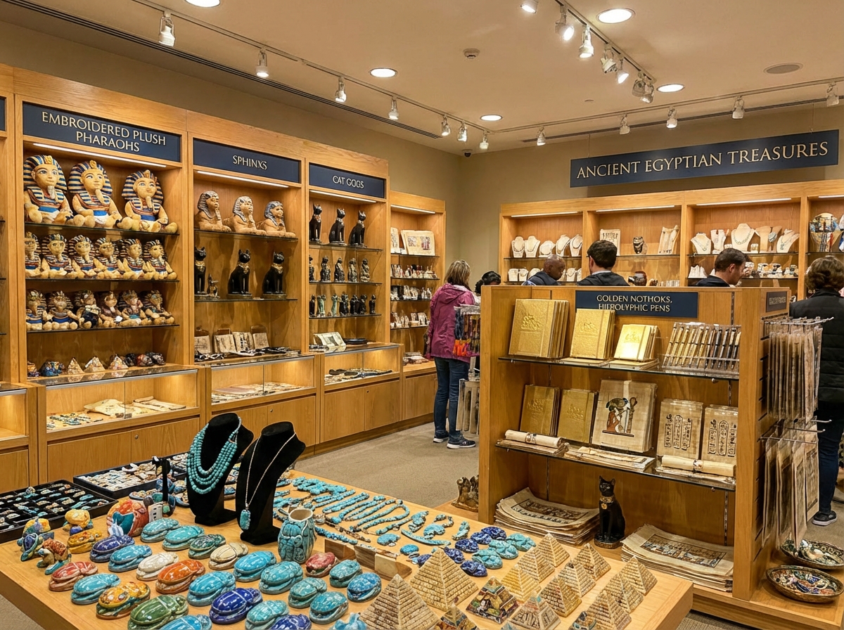 A well-organized museum gift shop display featuring Egyptian-themed plush toys, golden stationery, and colorful souvenirs, bright interior lighting, 4:3