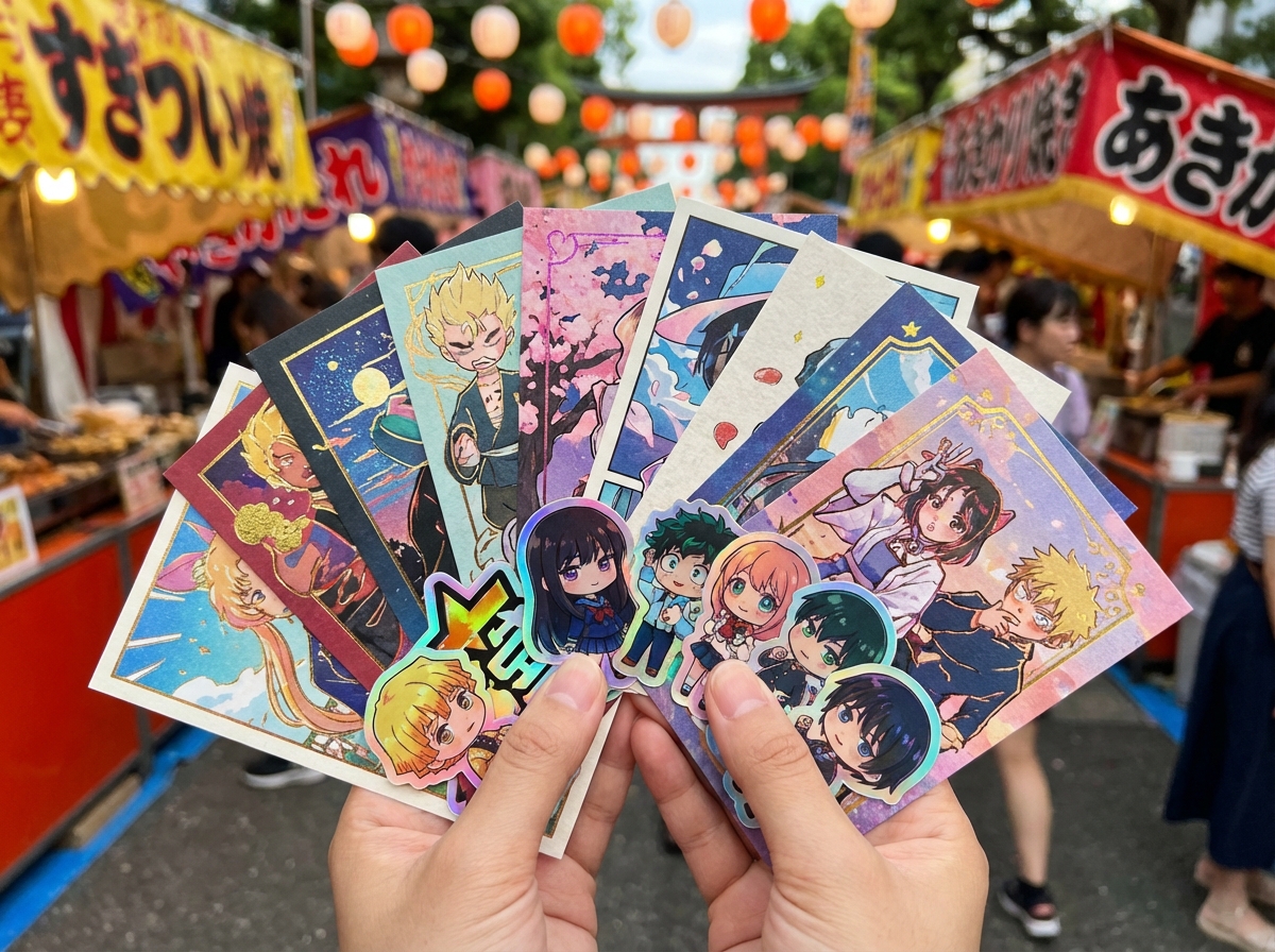 Close-up of hands holding colorful anime-style postcards and shiny holographic stickers. The background is a vibrant and blurry festival-like atmosphere. The focus is on the artistic details of the cards. 4:3