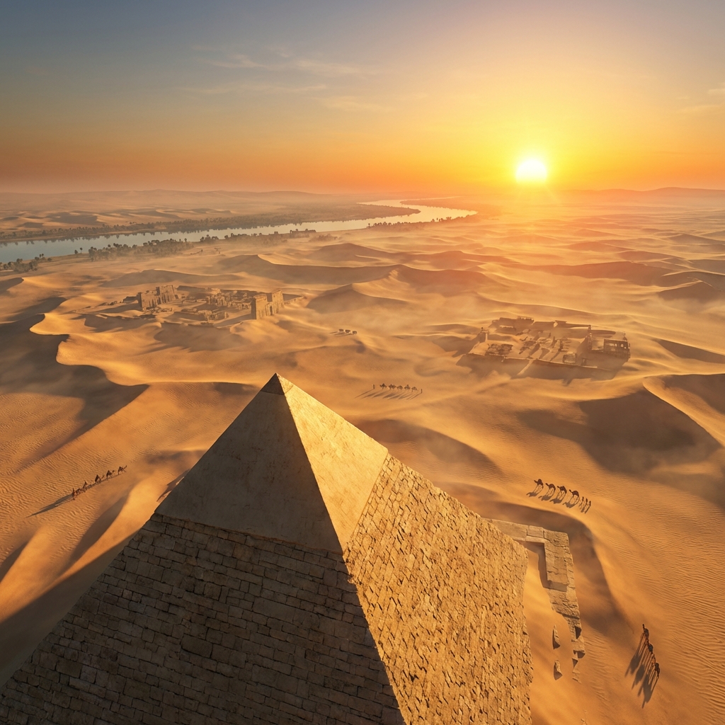 A breathtaking digital illustration of the view from the top of a pyramid, sunrise over the Egyptian desert, golden sand dunes, high detail, 1:1