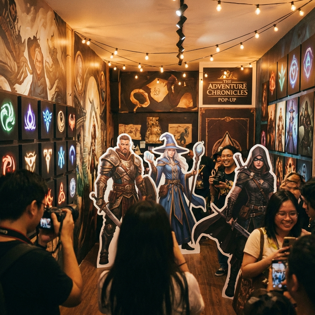 An interior view of a themed pop-up store with large character standees and artistic wall displays. The space is filled with fans taking photos and enjoying the exhibition. The lighting is warm and cinematic. 1:1