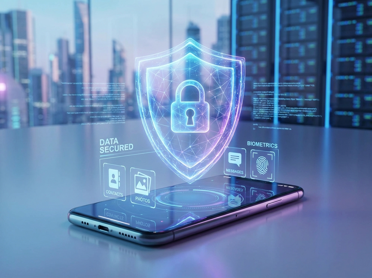 A modern digital security concept showing a glowing shield protecting personal data on a smartphone screen, futuristic interface, soft blue and purple lighting, professional and clean aesthetic, high quality 3D render. 4:3