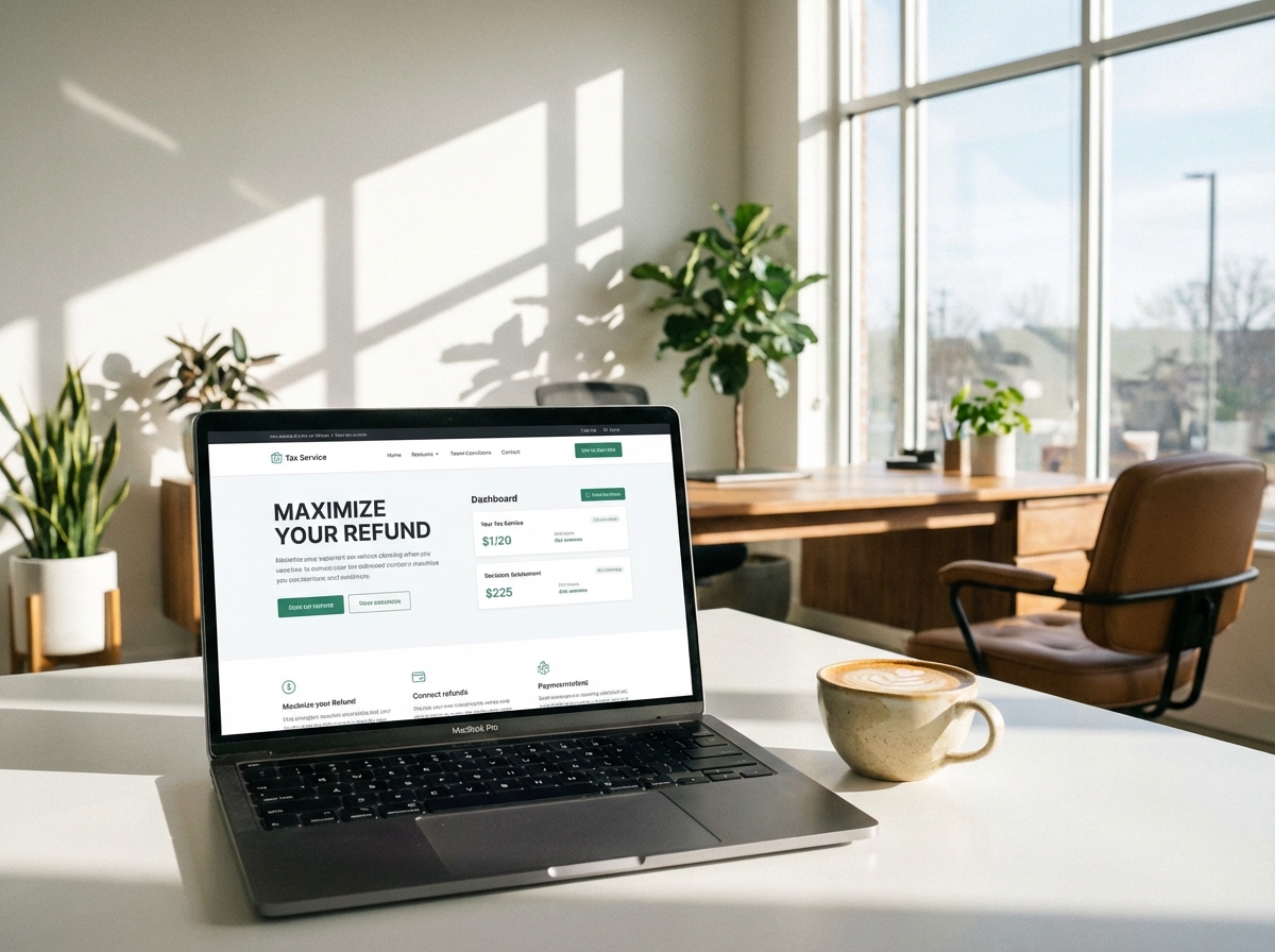 A bright and modern office interior with a focus on a laptop screen showing a clean user interface of a tax service website, a cup of coffee nearby, professional atmosphere, soft natural sunlight from a window, high contrast. 4:3