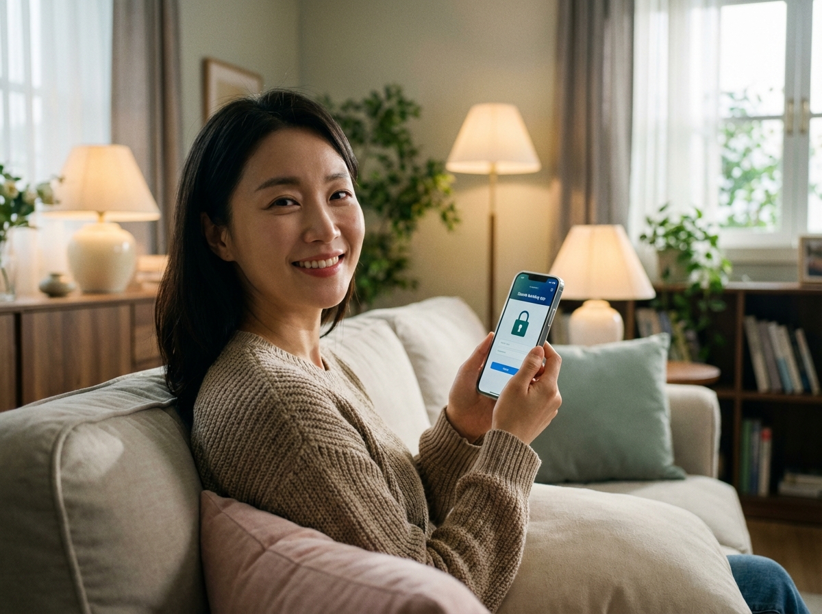 A Korean person holding a modern smartphone in a cozy living room, looking at a secure mobile app with a smiling expression, warm indoor lighting, lifestyle photography, natural and comfortable atmosphere. 4:3