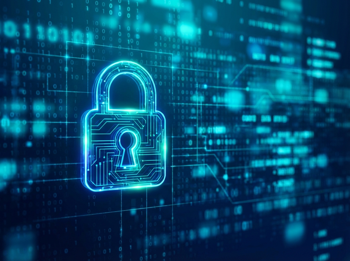 A sophisticated visualization of data protection, glowing digital lock icon over a background of blurred binary codes and grid lines, professional color palette of deep blue and teal, high tech feel, clean composition. 4:3